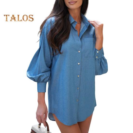 

Женская джинсовая рубашка с лацканами и длинными рукавами, однобортная, с нагрудным карманом, длинная рубашка в стиле повседневная одежда M темно-синий