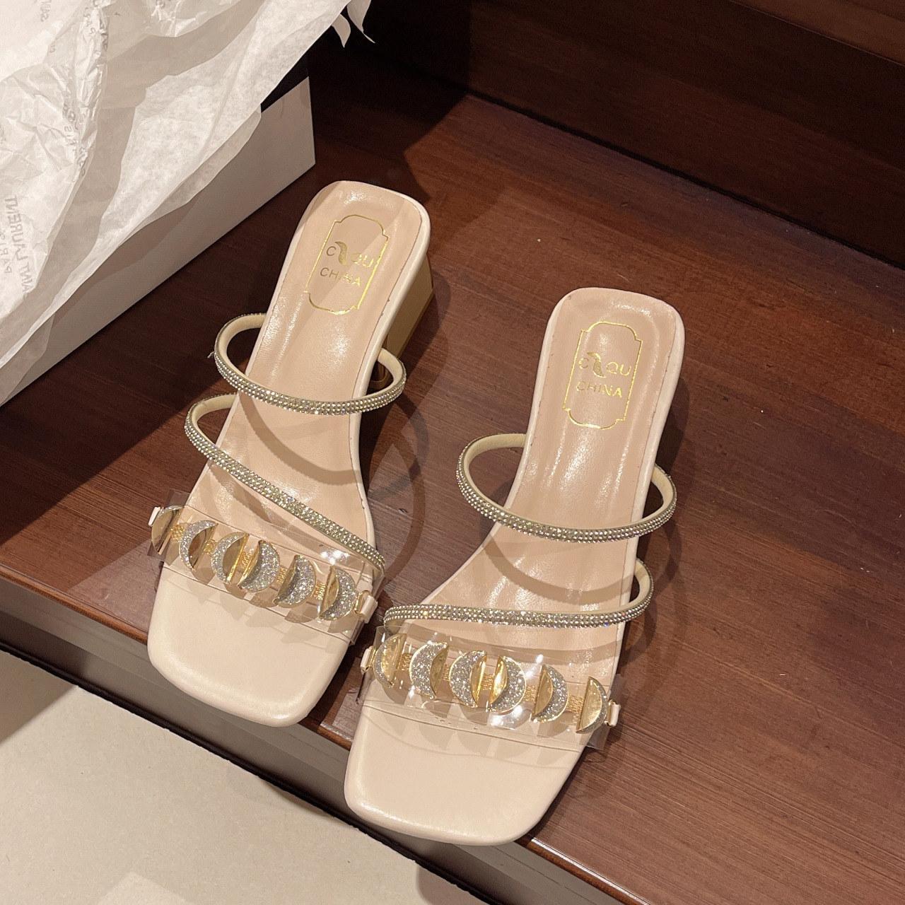 

Slippers women 2025 sandals new rhinestone middle heel summer wear shoes word Internet celebrity fashion high heels thick heel women 35