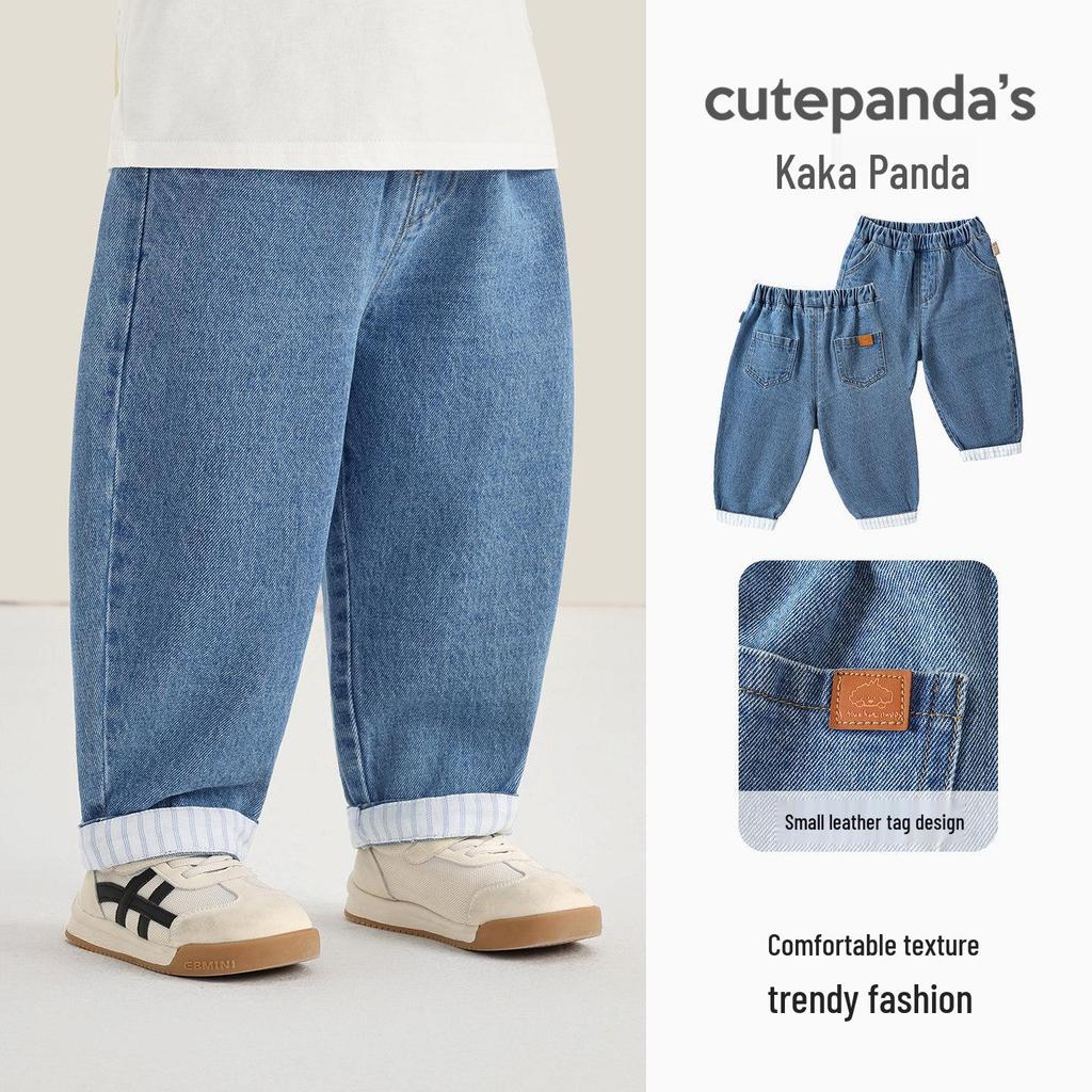 Kaka Panda Kids' Spring Jeans: Trendy Long Pants for Boys & Girls, Ideal for Toddlers In Spring & Autumn.