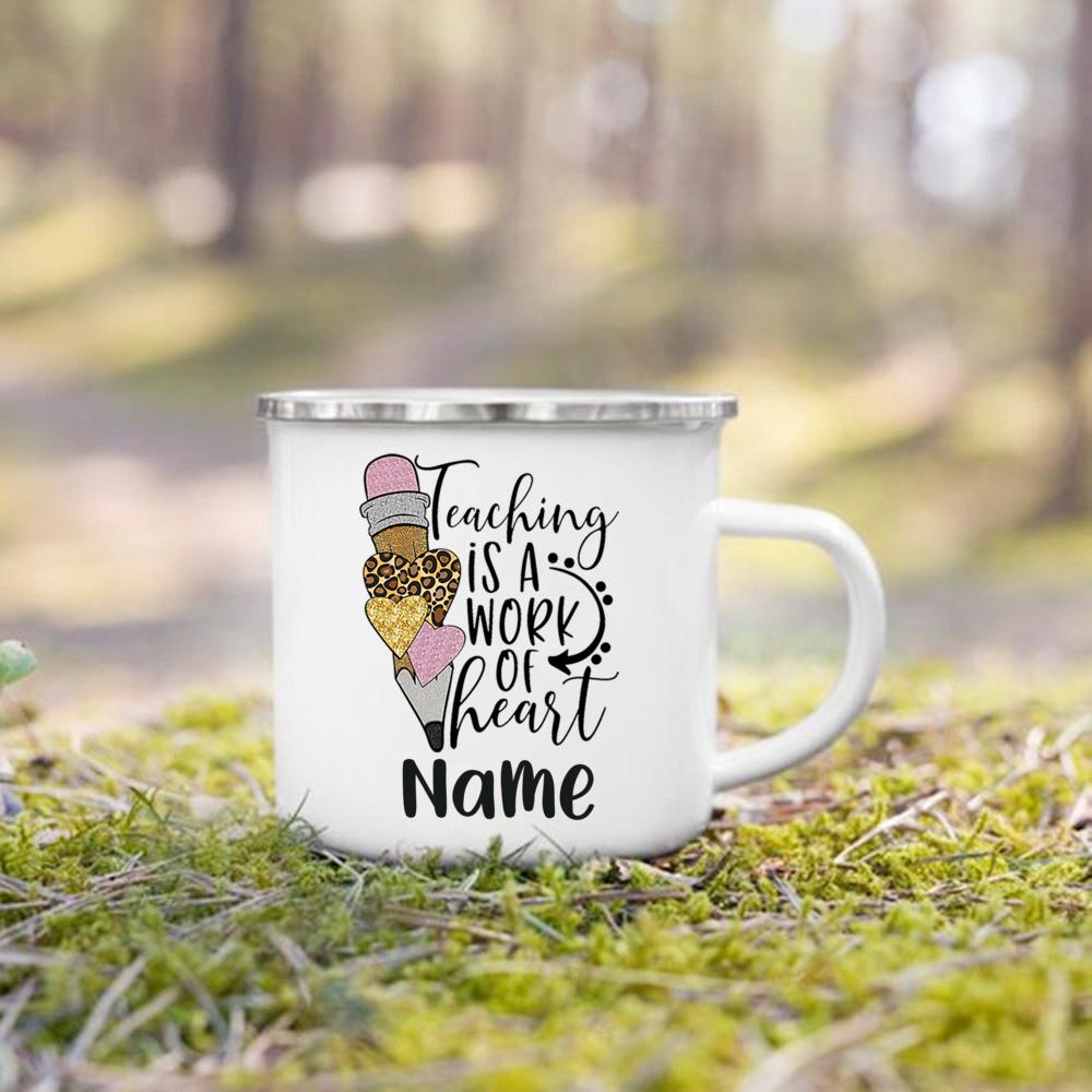Personlised Mug Teachers Change The World Print Coffee Cups Custom Name Drinks Enamel Cup Teacher's Day Thanks Gift for Teacher