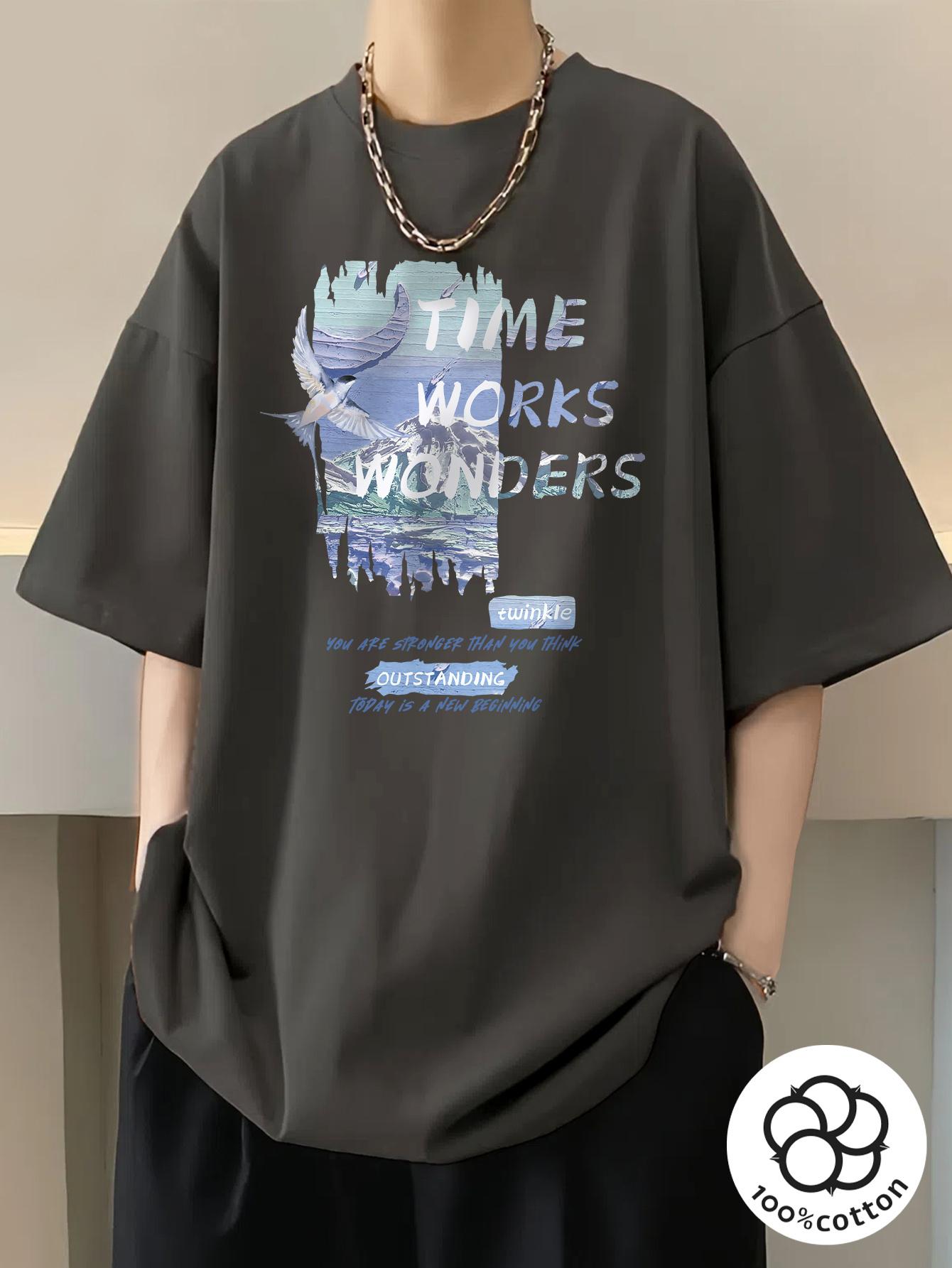 Pure cotton summer mens casual shortsleeved Tshirt with acrylic and bird prints Casual street style short sleeved top S
