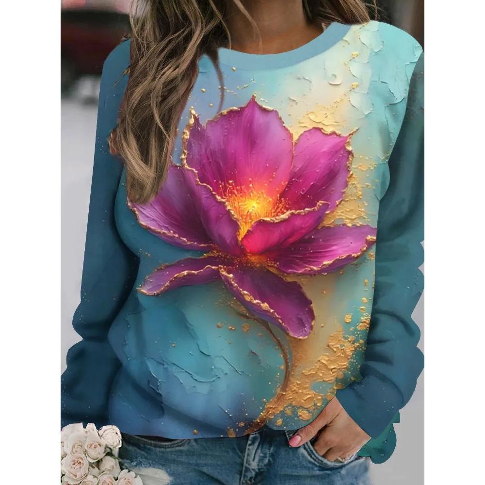 Fashion Versatile Flower Print Women's Top Long Sleeve Casual Loose T-Shirts Women’s Pullovers Long Sleeves Women’s