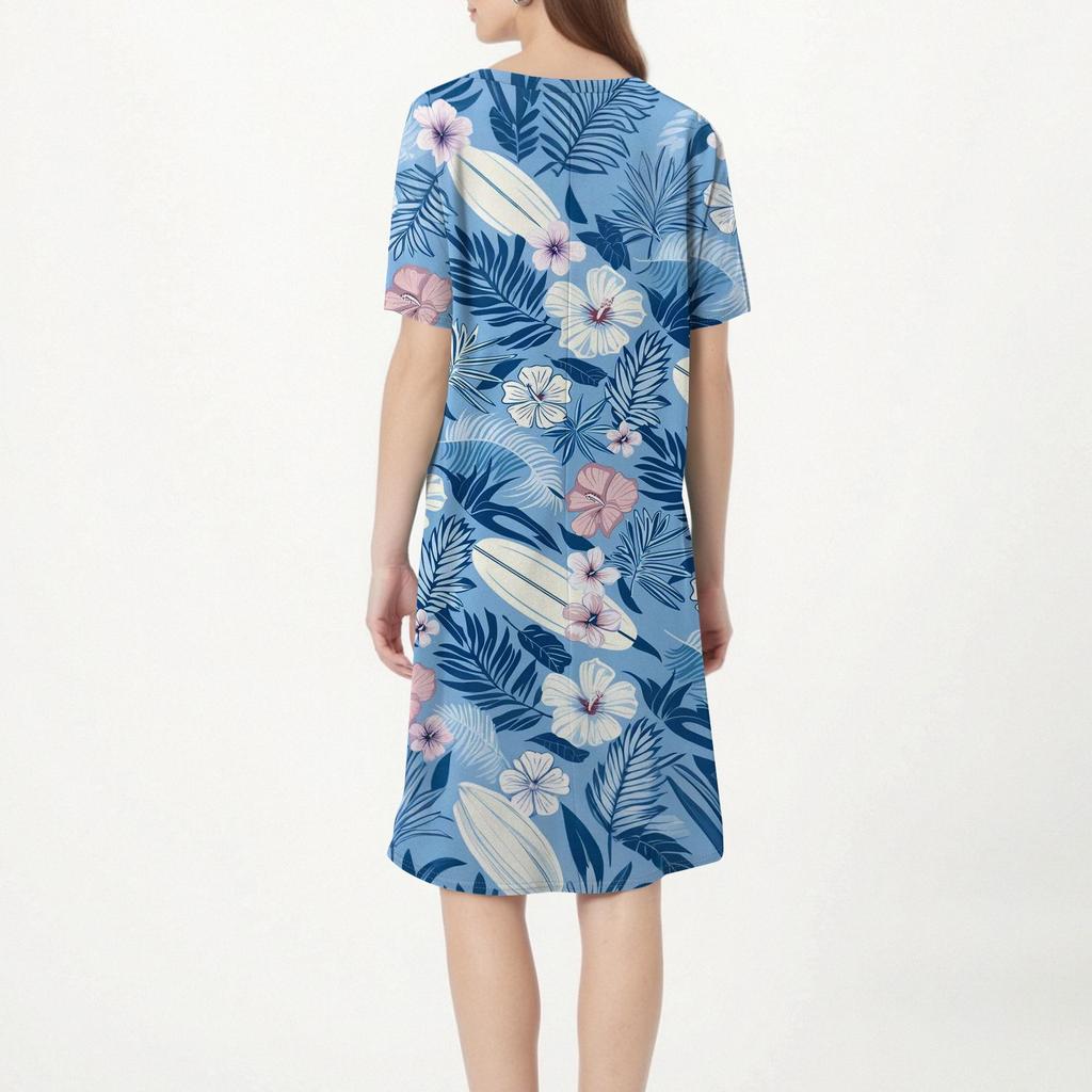 Damen Retro Blumen- und Blätterdruck V-Ausschnitt Midi Tasche Kurzarm Top