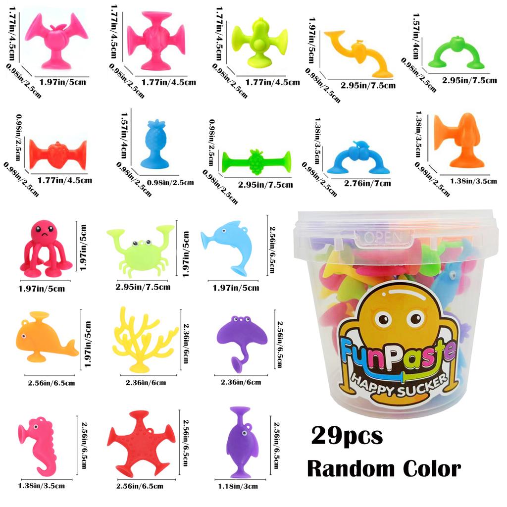 29 Stück Meerestiere & Früchte Saugnapf-Spielzeug, mit Eimer zur Aufbewahrung, Konstruktionsspielzeug für Kinder, Badezeit- und Reisespielzeug