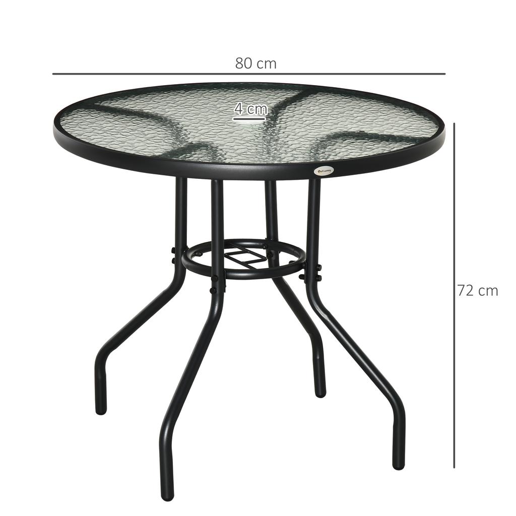 80 cm Round Dining Table with Parasol Hole, Outdoor Coffee End Side Table with Tempered Glass Top, Steel Frame for Garden, Black