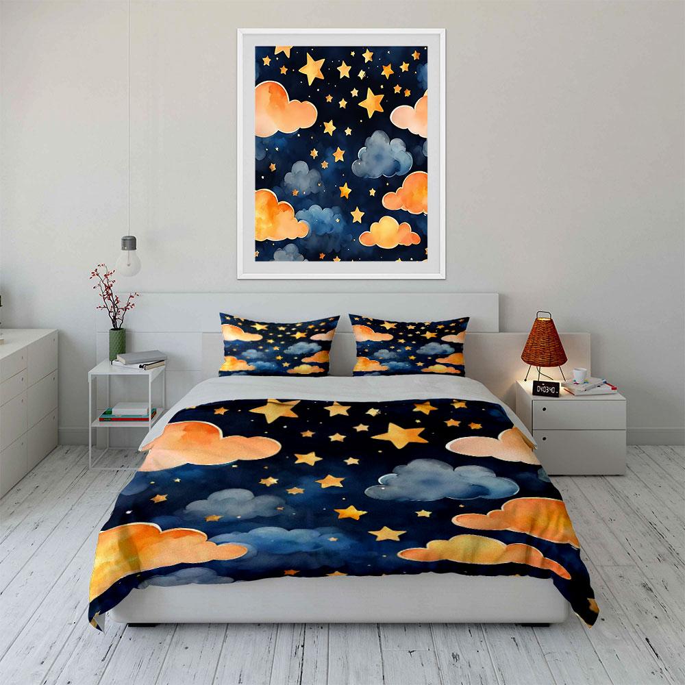 Starry Night Cloud Decor Set Bedding Set with 1 Duvet Cover 2 Pillowcases Single Double King Queen, Gift