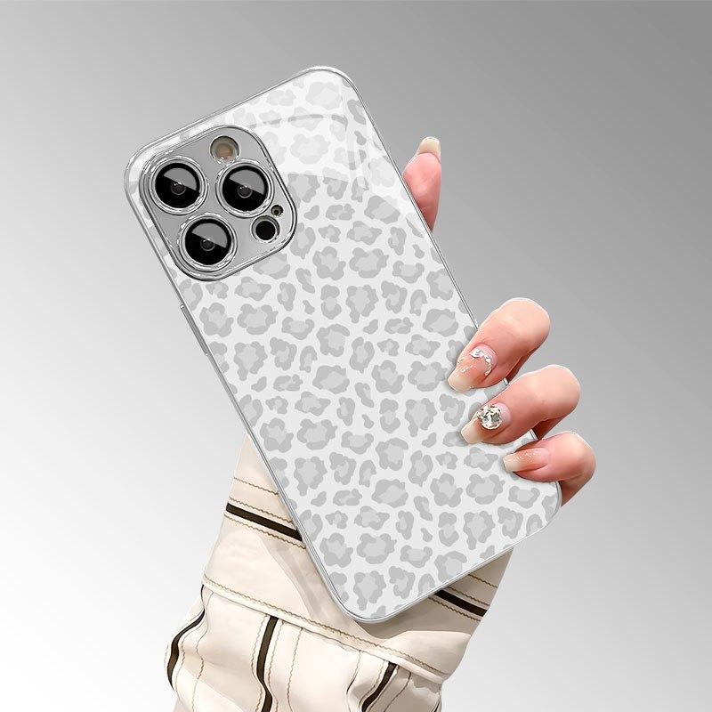 Grey leopard print abstract glass phone case suitable for iPhone 17 16 15 14 13 12 11 Pro Max Plus anti drop and shockproof