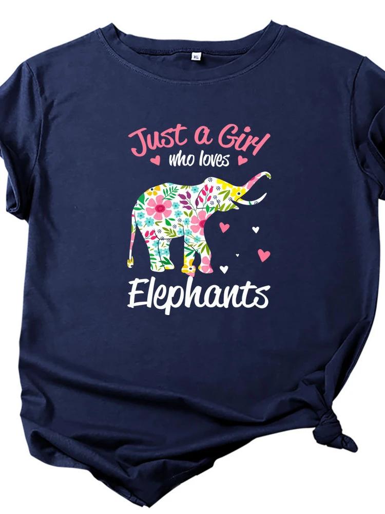 

Футболка с принтом Just A Girl Love Elephants, женская, с коротким рукавом, круглым вырезом, свободная футболка, женская, повседневная, футболка, топы, женские рубашки XXXL темно-синий