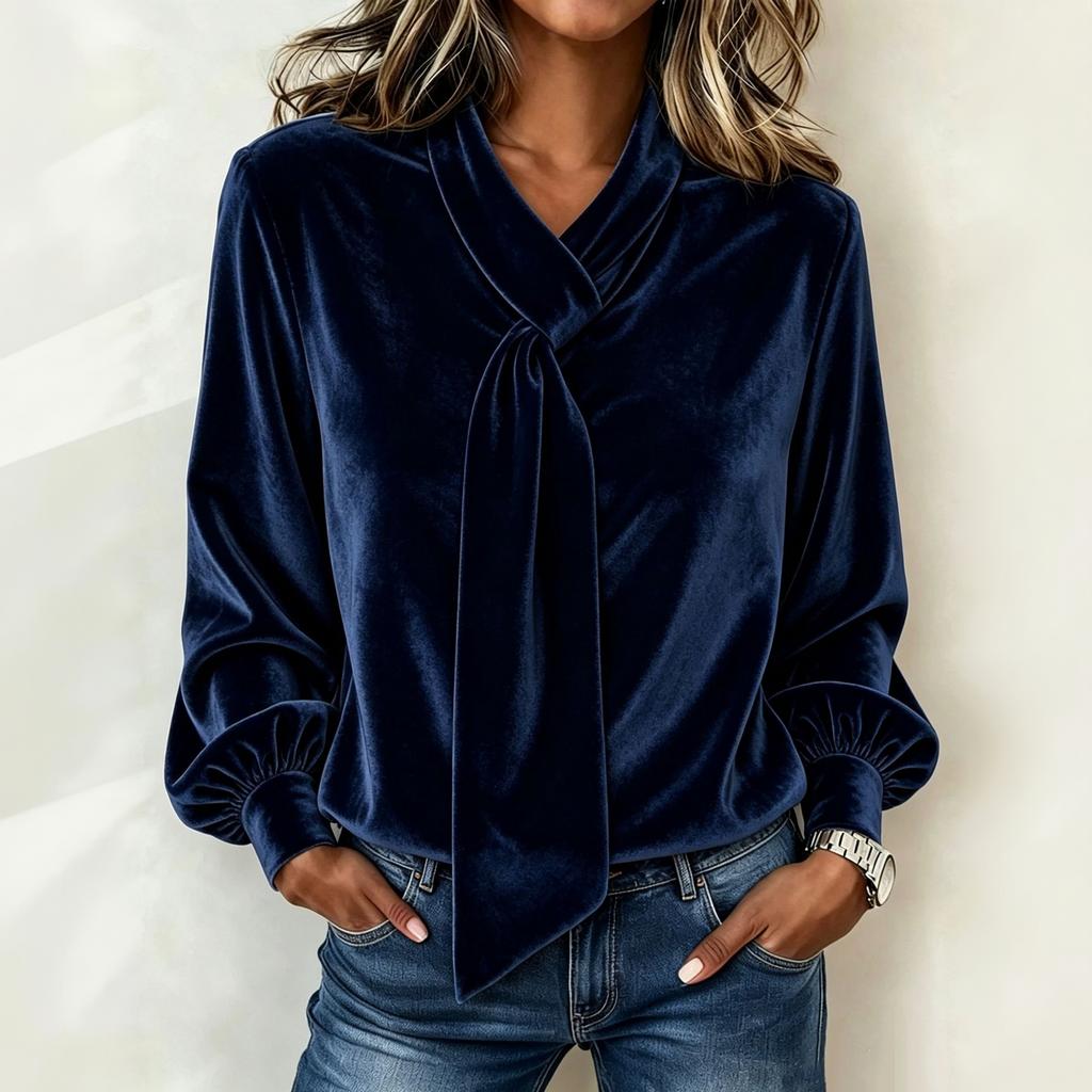 Women's Velvet Hoodie with Ribbon - Color Casual Long Sleeve Pullover for Everyday Wear
