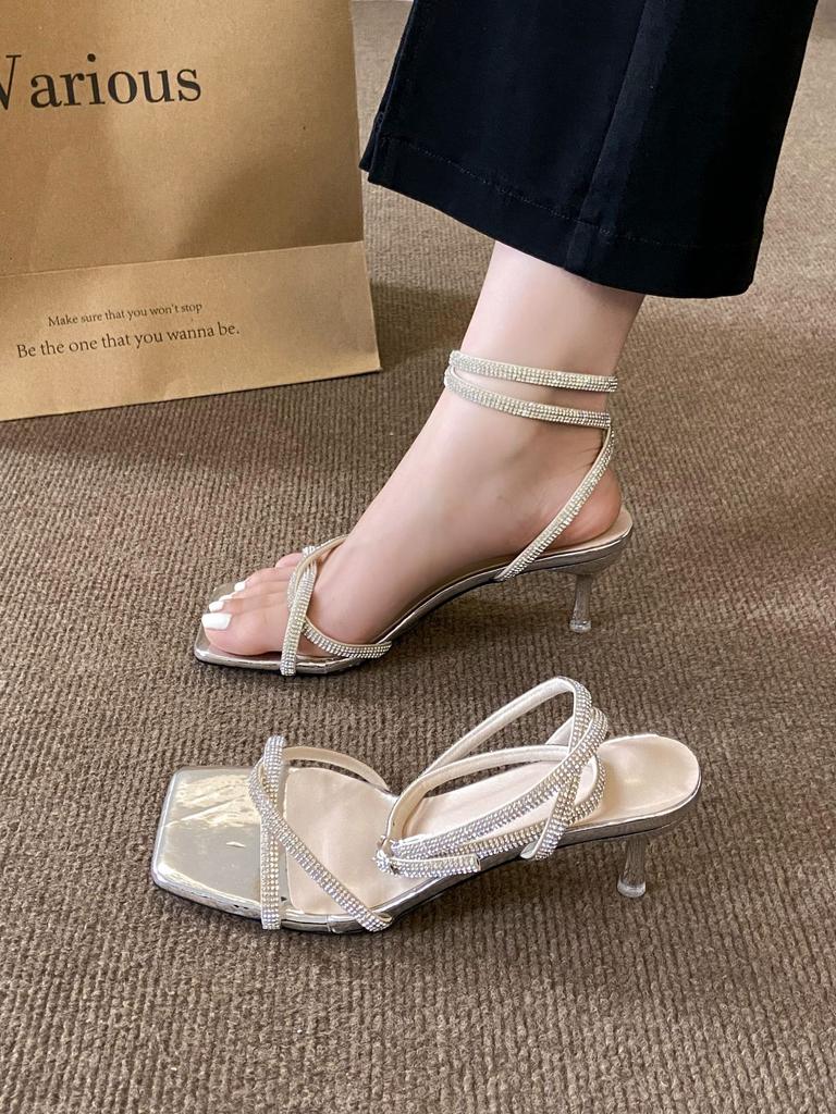 Exquisite Girl~ with Skirt Fashion Sandals Girl 2025 New French One-word Strap Square Head Stiletto High Heels