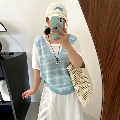 Women's Fake Two-piece Top Women's Striped Knitted Sweater Summer Slimming Loose Short-sleeved T-shirt