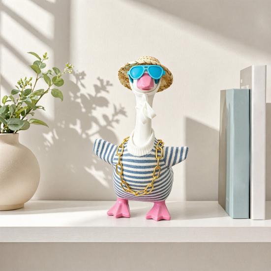 Porch Goose Costumes for 7 Inch Goose Statue, Striped Sweater Straw Hat Sunglasses Chain Set, Easy To Wear Soft Fabric Outdoor Decor Accessories
