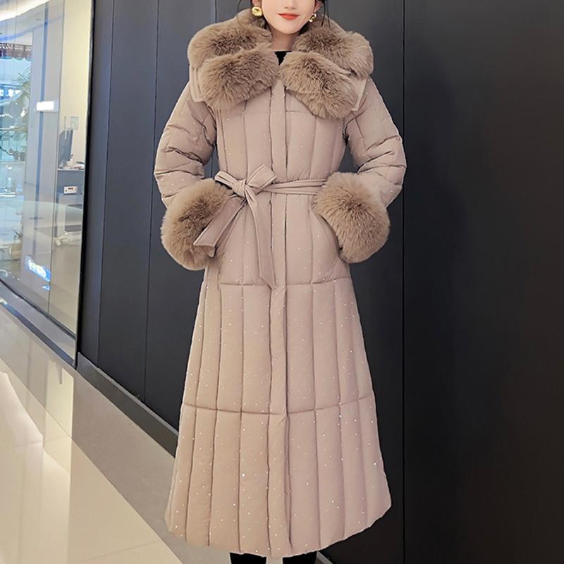 Móda nadměrné velikosti L-4XL Dámské zimní kabáty s páskem Velký límec z umělé kožešiny Dlouhé parky s kapucí Volné Silné Dámské bundy
