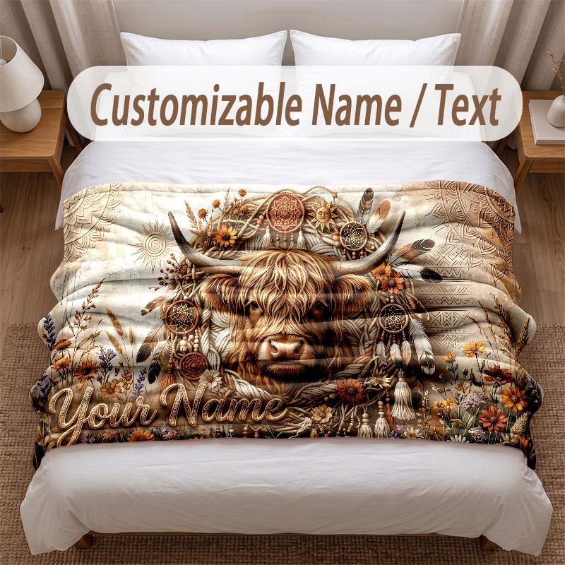 Highland Cow Theme Soft Blanket Personalized Custom Name Text Print Warm Blanket Home Sofa Bedroom Decor