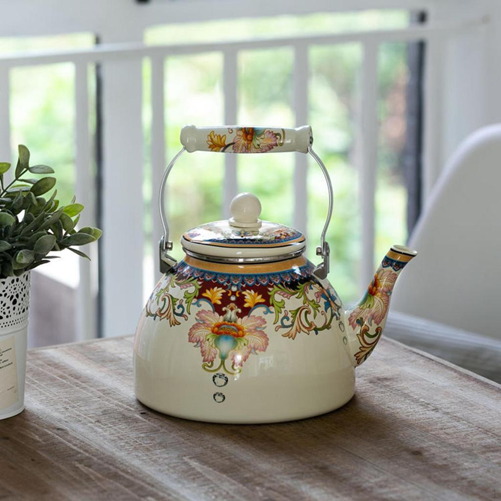 Emaille Teekessel 4L Teekanne Komfortabler Griff Auslaufsicher mit Deckel Robuster Blumentopf Wasser