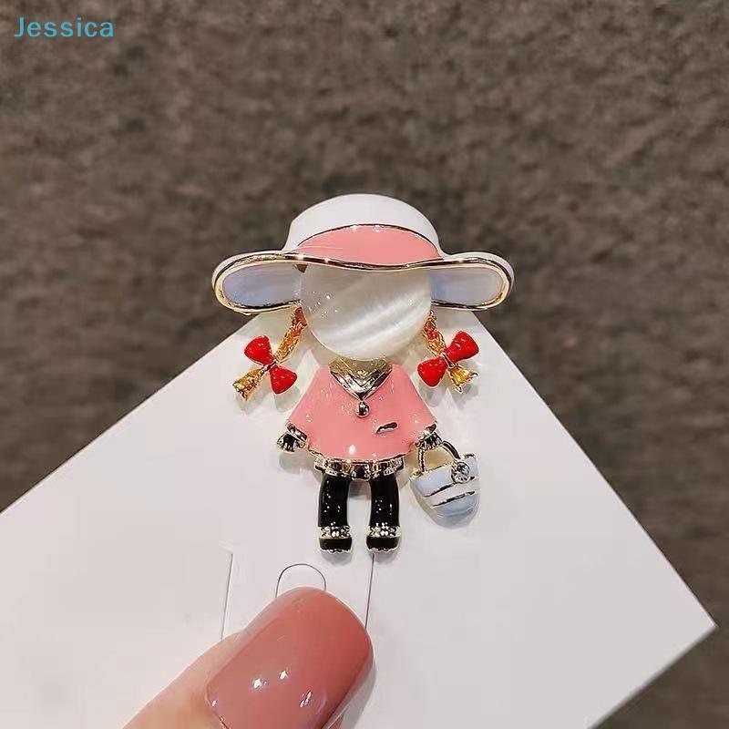 Pink Enamel Little Girl With Bag Brooch-Pearl Accent & Rhinestone Fashion Pin,Mini Figurine Jewelry for Coat,Bag & Daily Decor