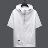 Men Summer Tops Hooded Adjustable Drawstring Zipper Half Placket Short Sleeve T-shirt Letter Print Quick Drying Ice Silk Fabric