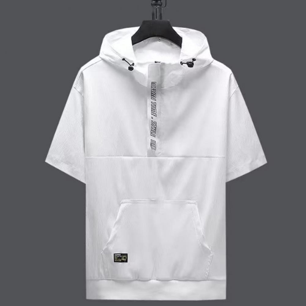 Men Summer Tops Hooded Adjustable Drawstring Zipper Half Placket Short Sleeve T-shirt Letter Print Quick Drying Ice Silk Fabric