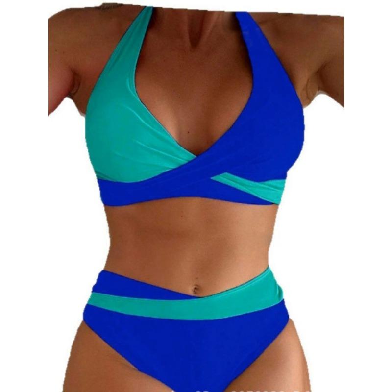 Conjunto de bikini de dos piezas para mujer con cintura alta, escote en V y control de abdomen fruncido.