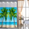 No Hook Beach Coconut Tree Shower Curtain With Snap-In Fabric Liner, Sheer Top Window, Waterproof Double Layer Bathtub Curtain