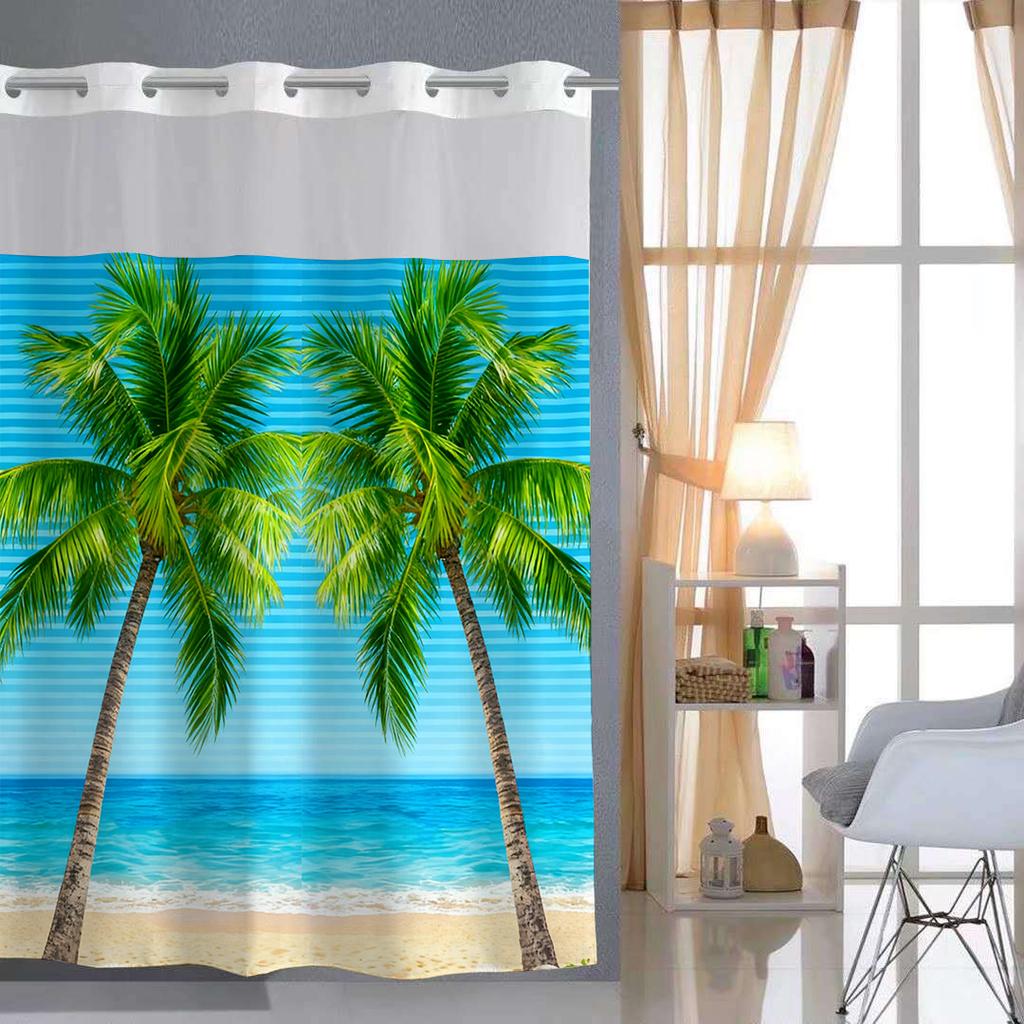 No Hook Beach Coconut Tree Shower Curtain With Snap-In Fabric Liner, Sheer Top Window, Waterproof Double Layer Bathtub Curtain