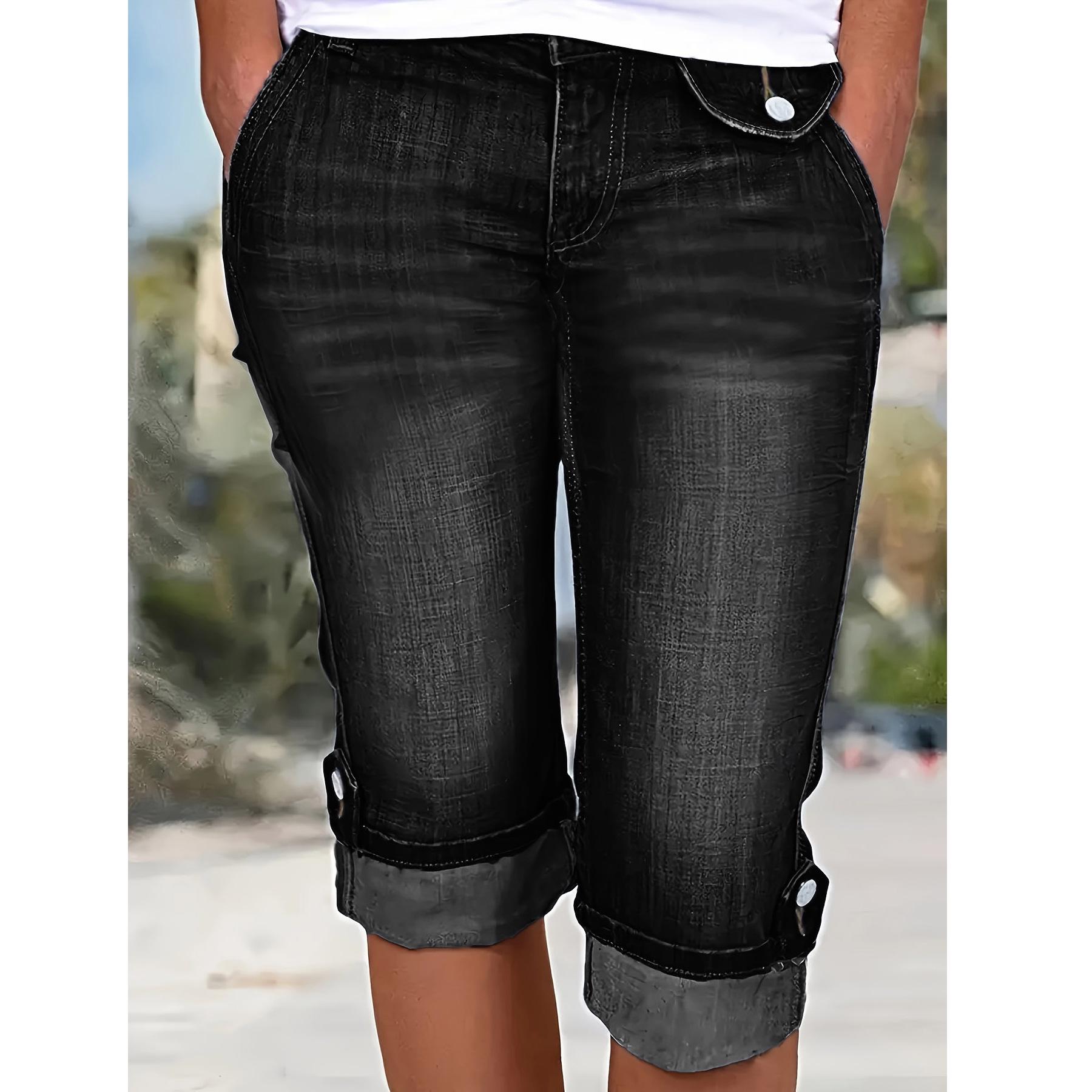 Plus Size Women s Slim Fit Elastic Cuffed Denim Bicycle Shorts 3XL чёрный