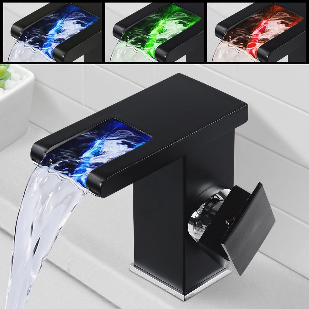 LED RGB Color Waterfall Bathroom Basin Faucet Bathroom Mixer Tap Sink Faucet Single Handle Toilet Hot Cold Water Mixer Tap