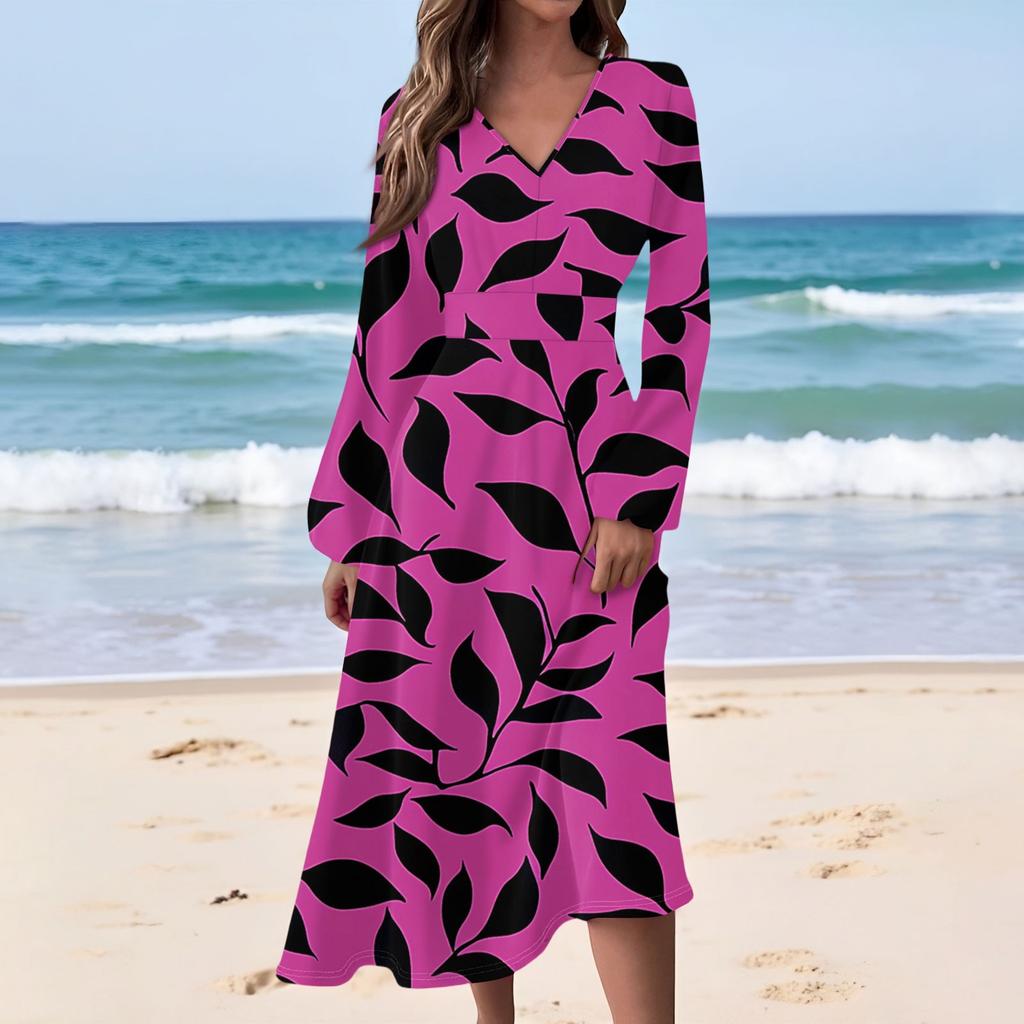 Women's Casual Fashion Floral Print V-neck Long Sleeve Waist Long Dress