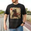Vintage Samurai Cat Battle TShirt Black Tee with Retro WornIn Print Warrior Pose Red Ink Eastern Martial Arts Vibe Creative