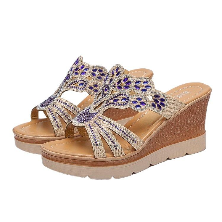 Summer new rhinestone high-heeled wedge-heeled cool slippers women's muffin thick-soled slippers wedge-heeled large-size cool slippers