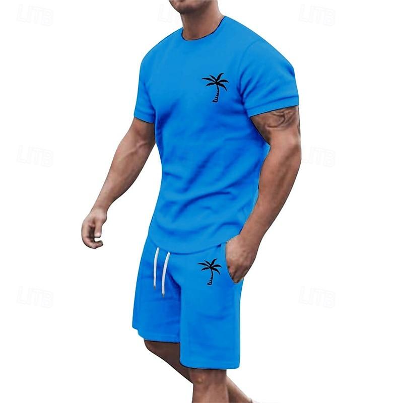 Men's T-shirt Suits 2 Pieces Outfits Tee & Shorts Short Sleeve Crew Neck Summer Coconut Tree Fashion Casual 2 Piece