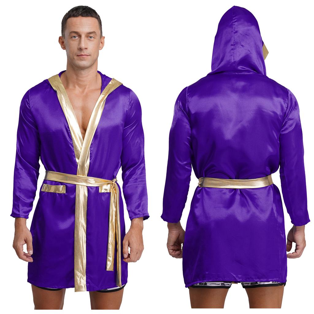 Mens Satin Hooded Cloak Shiny Trim Open Front Belt Boxing Robe
