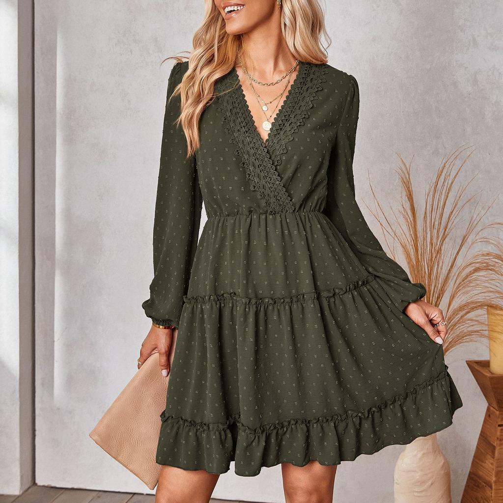 Vestido con cuello en V de manga larga y temperamento informal a la moda para mujer