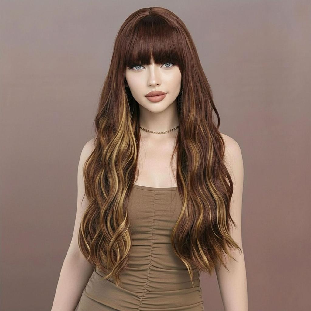 Fashionable Women's Wig: Large Waves, Brown with Blonde Highlights, High-Temperature Silk Wig