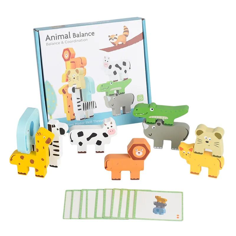 Wooden Montessori Animal Stacking Block Game Shape Matching Balance Fine Motor Training Educational Toys For Children