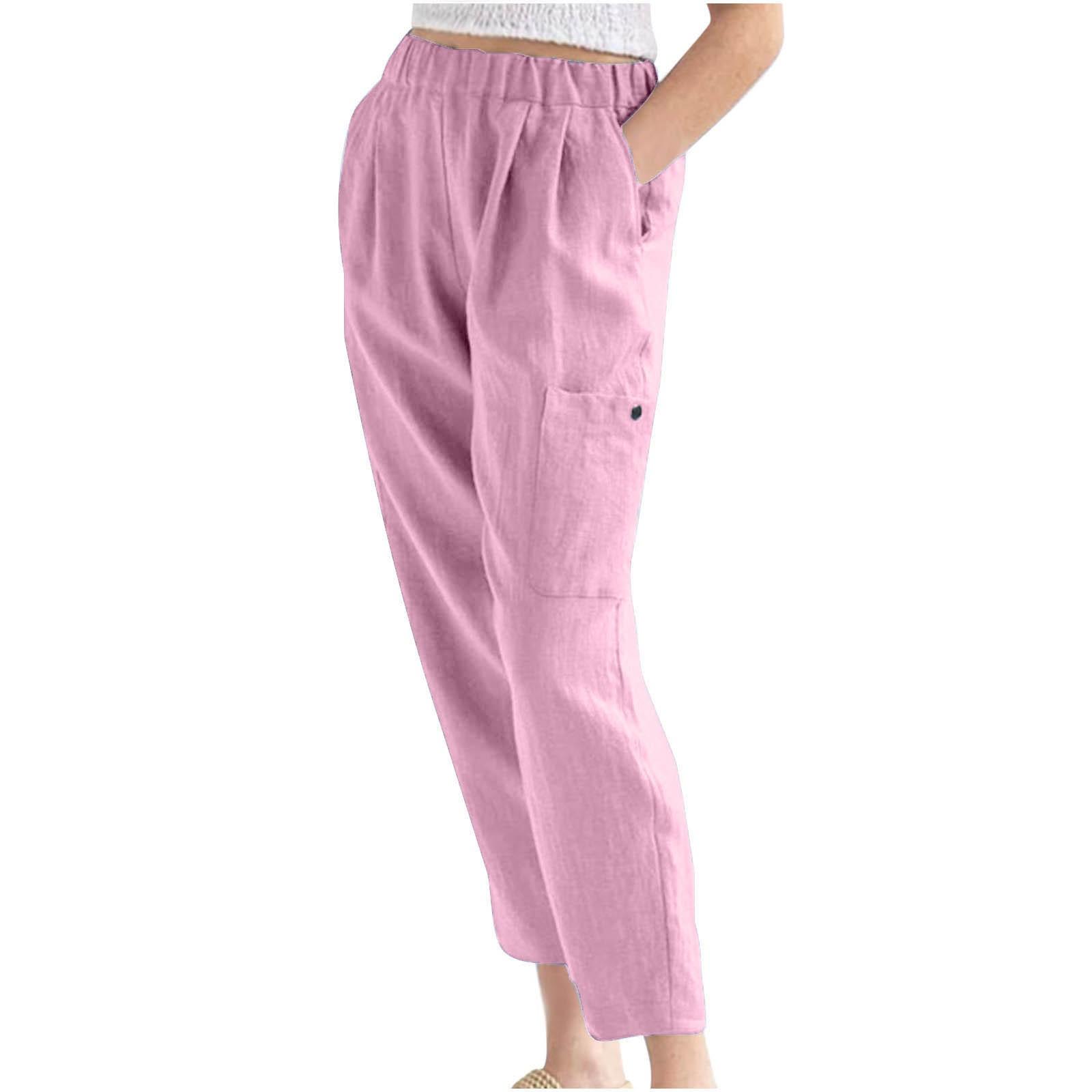 

Women s Casual Loose Elastic Waist Wide Leg Cropped Pants With Pocket Cotton And Linen Cropped Pants M рожевий
