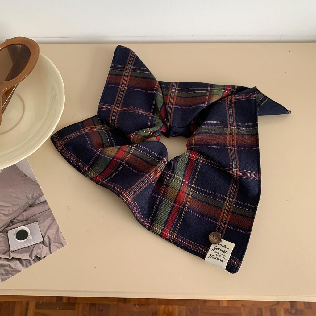 1Pc Plaid Scarf Scrunchie - British College Style, Multifunctional Button Hair Tie, Elastic Hair Rope for Low Ponytails, Hair Accessory