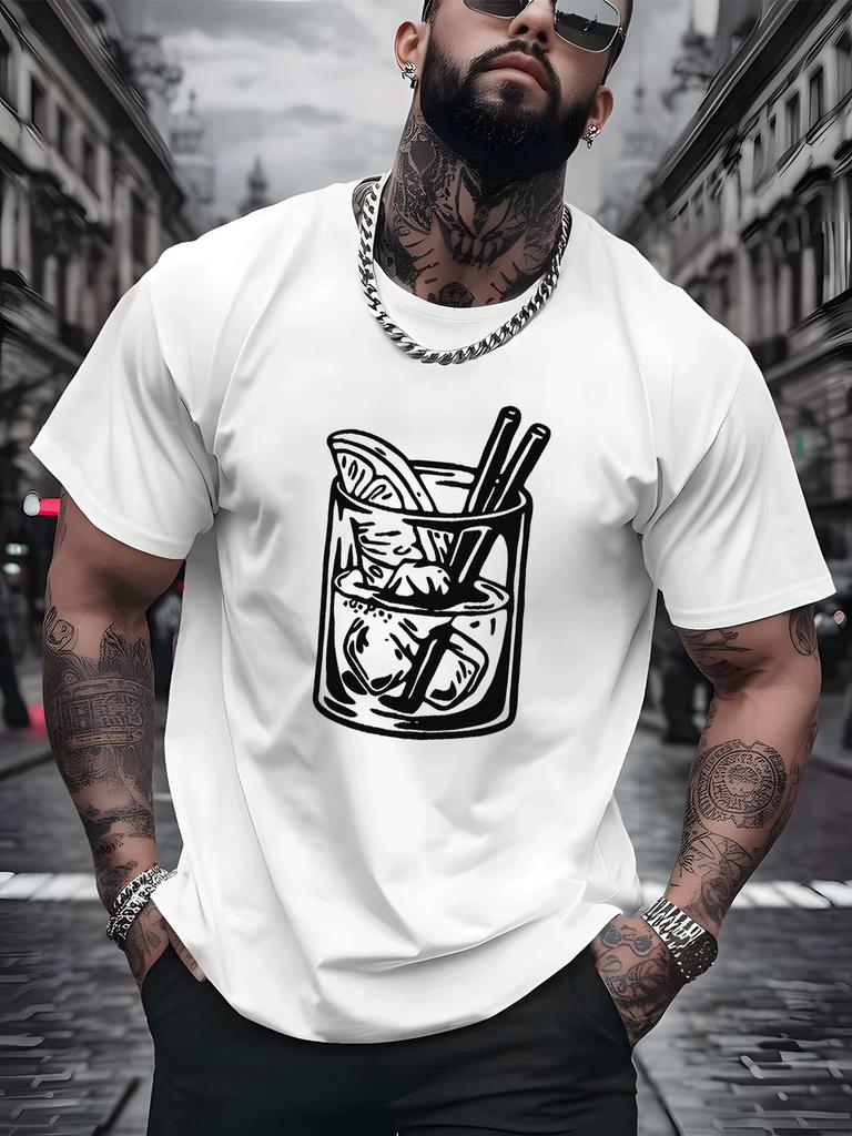 Unisex Summer Crew Neck Short Sleeve T Shirt Cocktail Glass Line Graphic Print Casual Loose Streetwear Daily Fashion Tops For Unisex