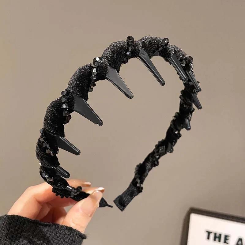 Vintage Black Velvet Crystal Wave Top Hairband For Women Girls Fashion Sweet Anti-Slip Toothed Hairband Hair Accessories
