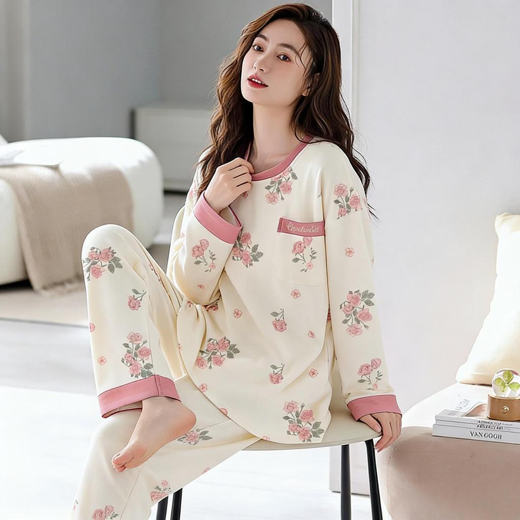 Damen Plus Size Süßes Rundhals-Loungewear-Set - Baumwoll-Schlafanzug für Frühling & Herbst mit Brustpolstern