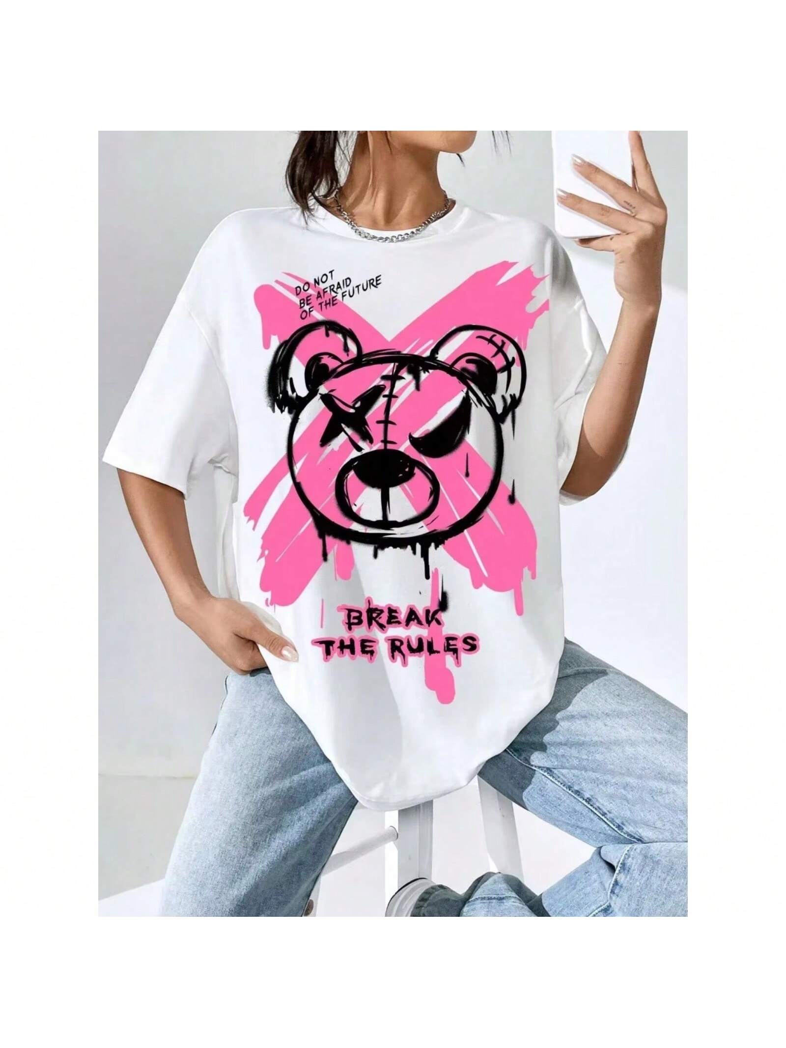 Break The Rules X Doodle Bear Printing Tees Women T-Shirts Casual Soft Short Sleeve Tops Loose Comfortable Street Clothes S разноцветный