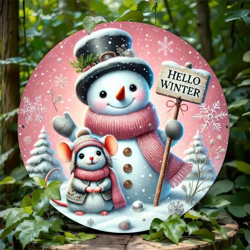 1pc Vintage Round Metal Tin Sign Pink Snowman Mouse Wreath Wall Decor Home Kitchen Indoor Outdoor Welcome Winter