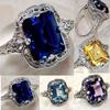 Elegant European Style Jewelry With Classic Square Cut Blue Sapphire Rhinestone Studded Ring