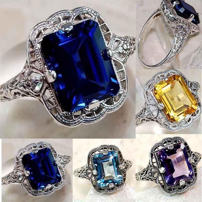 Elegant European Style Jewelry With Classic Square Cut Blue Sapphire Rhinestone Studded Ring