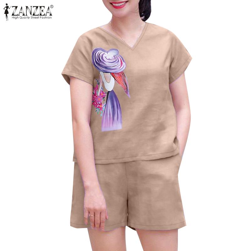 

ZANZEA Women Print Blouse and Shorts Summer Two Piece Suit Set 5XL жёлтый