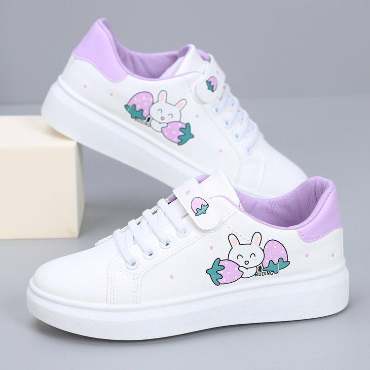 Women Casual Vulcanize Shoe Spring Autumn Leather Sneakers Fashion White Breathable Color Print Cute Rabbit Lace-Up Tennis Shoes