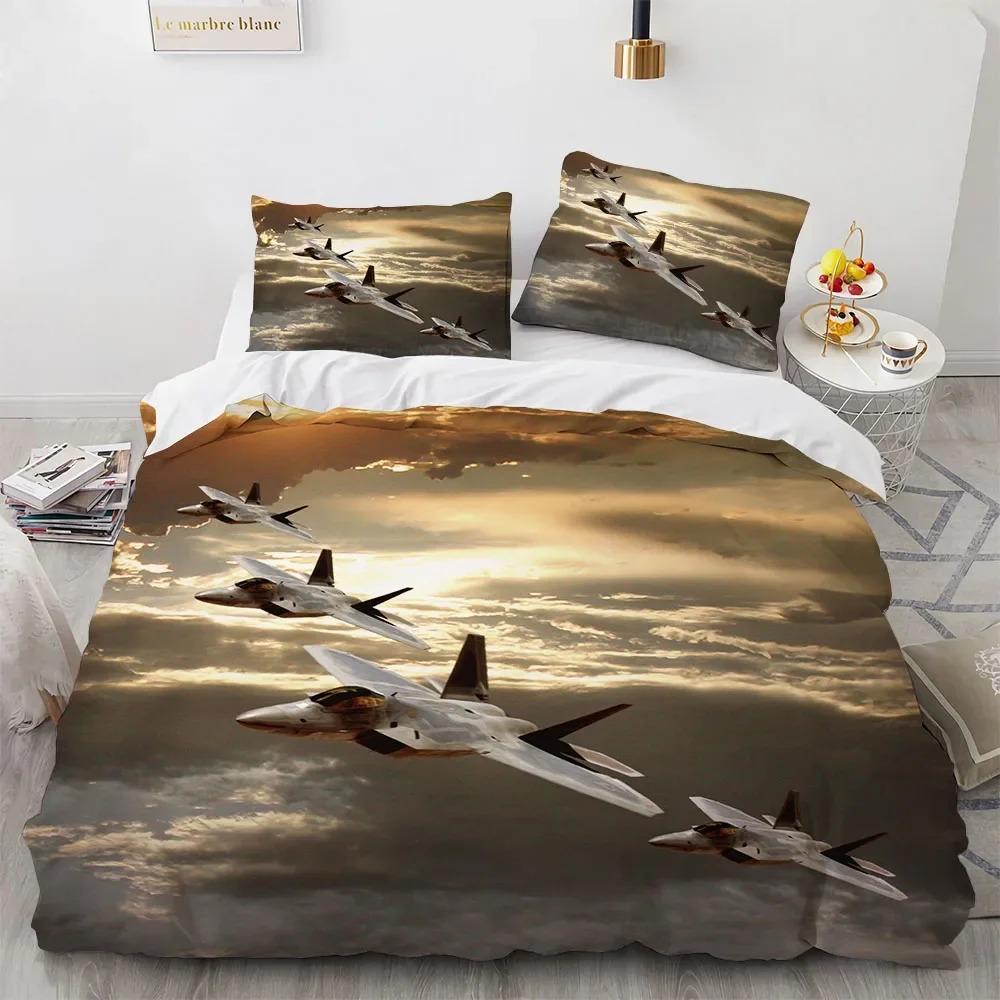 Fighter Plane King Queen Duvet Cover Military Aircraft Theme Bedding Set Kids Boys Men Sunset Airplane Polyester Comforter Cover