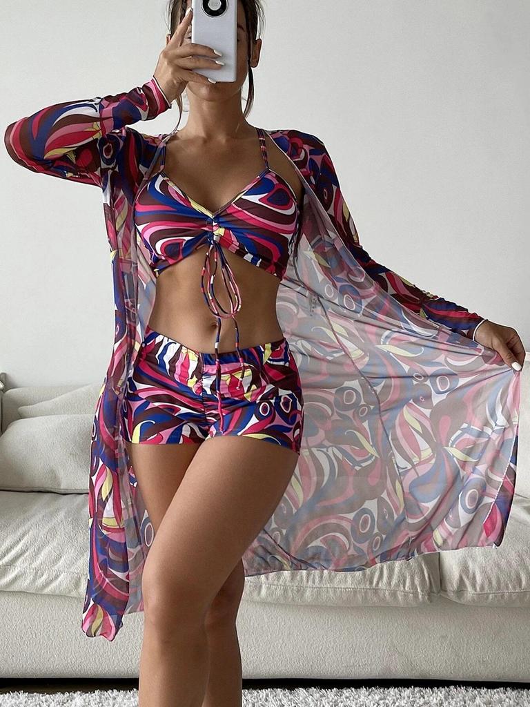 Trendy Floral Three-Piece Women's Bikini Set for Beach Vacation