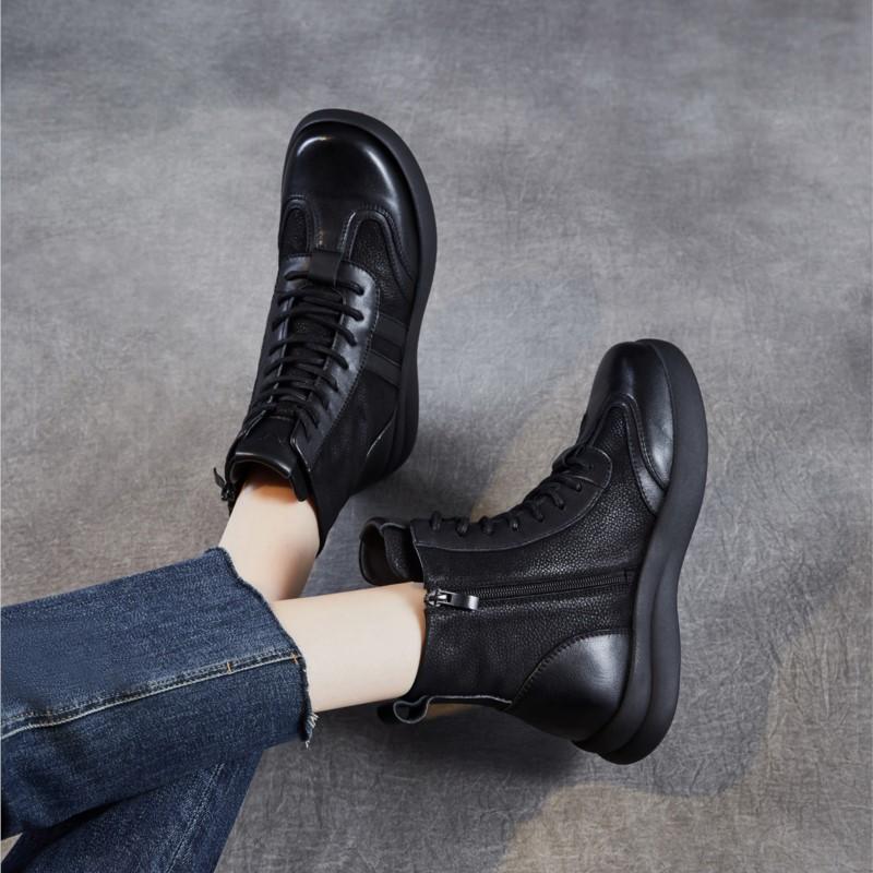 Johnature Genuine Leather Women's Boots Casual Versatile Round Toe Soft Soled Short Boots