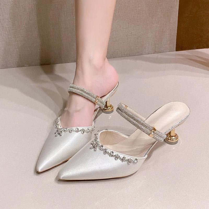 Fashion Baotou Sandals High Heels Women's Pointed Toe Stiletto Rhinestone Single Shoes 2025 Spring and Autumn New